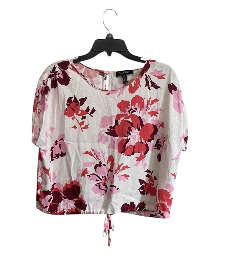 Ellen Tracy Med Linen Blend Floral Top Drawstring Hem Pink Cropped Feminine
