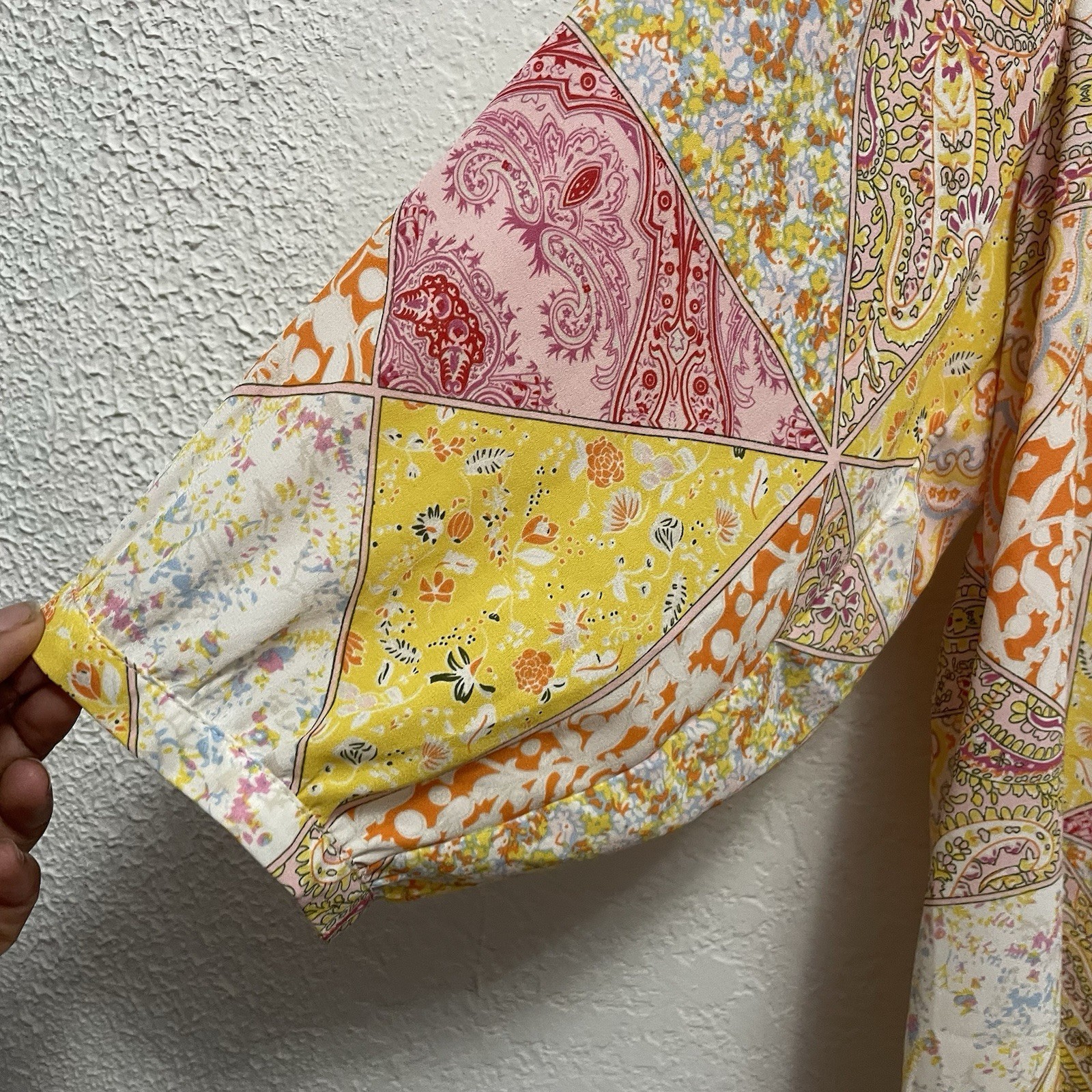Rose + Olive Patchwork Paisley Button Up Blouse Boho Pink Yellow Size 1X