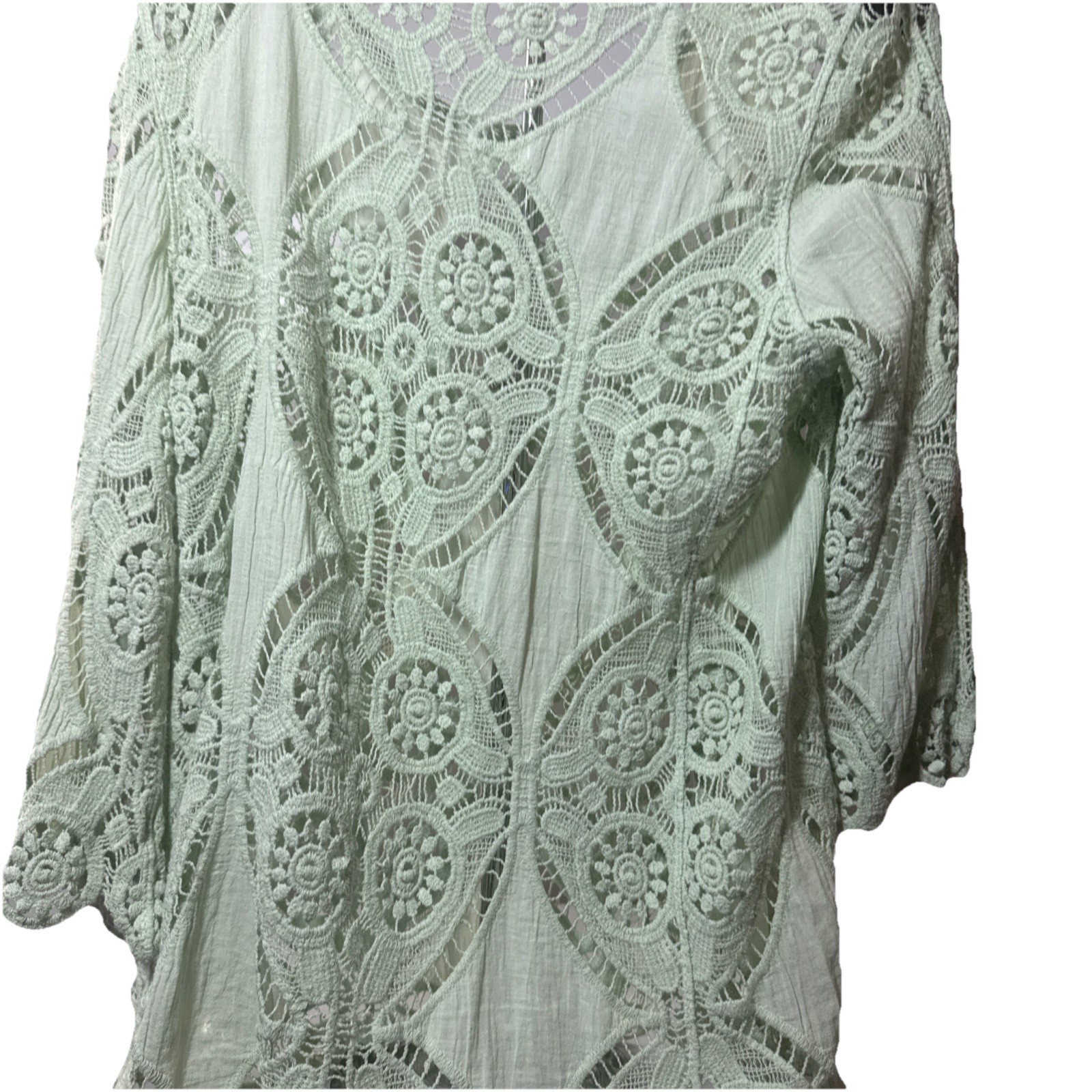 Ultra Pink Crochet sheer 3/4 Sleeve Sheer Lace Tunic Top Mint Green sz Large