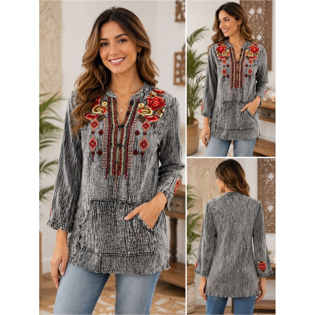 Tru Luxe Jeans Acid Wash Floral Embroidered Boho Cotton Tunic