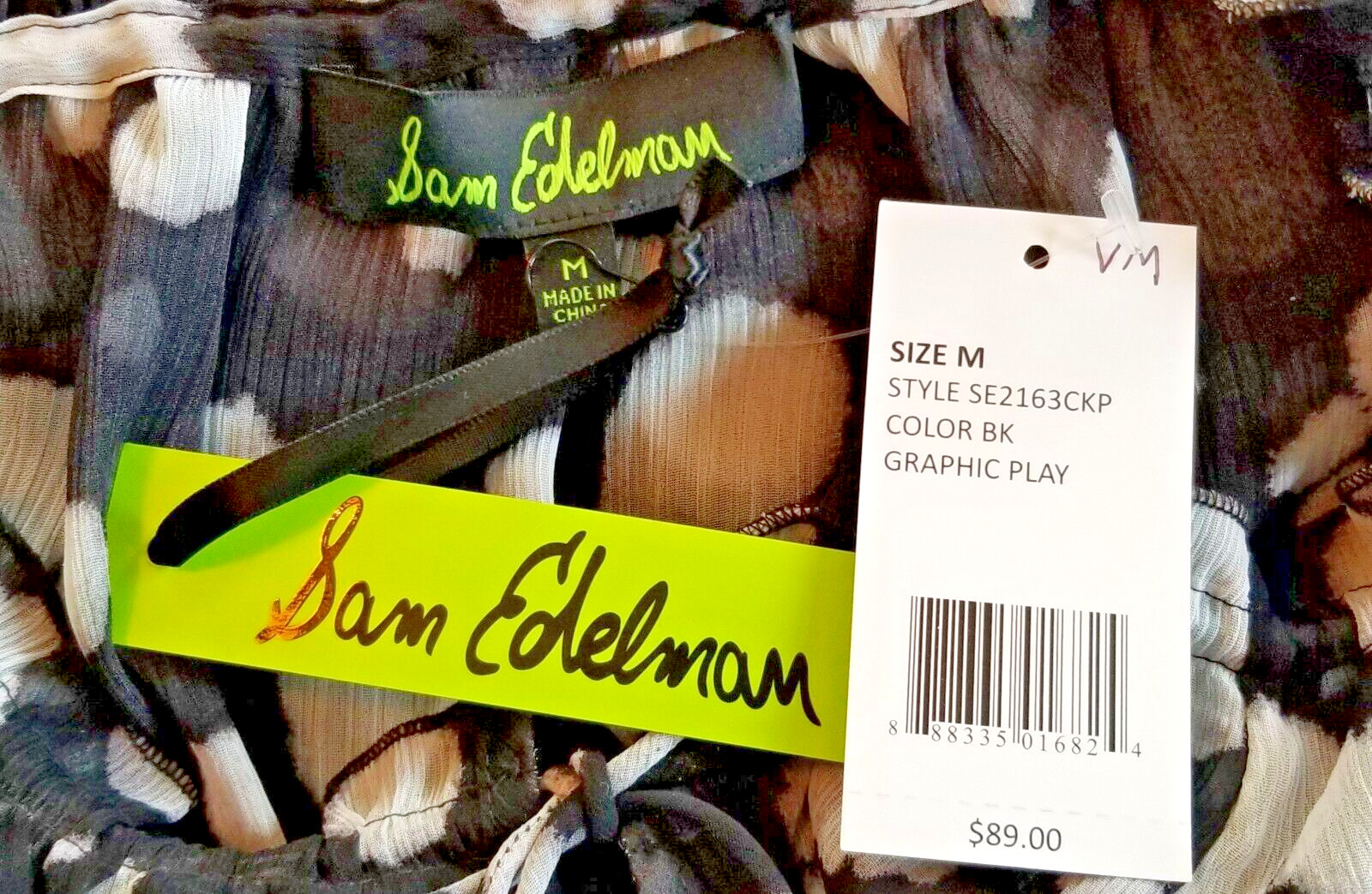 SAM EDELMAN Black & Ivory Spotted Blouse Tie Neck Long Sleeves Sheer Size M NWT