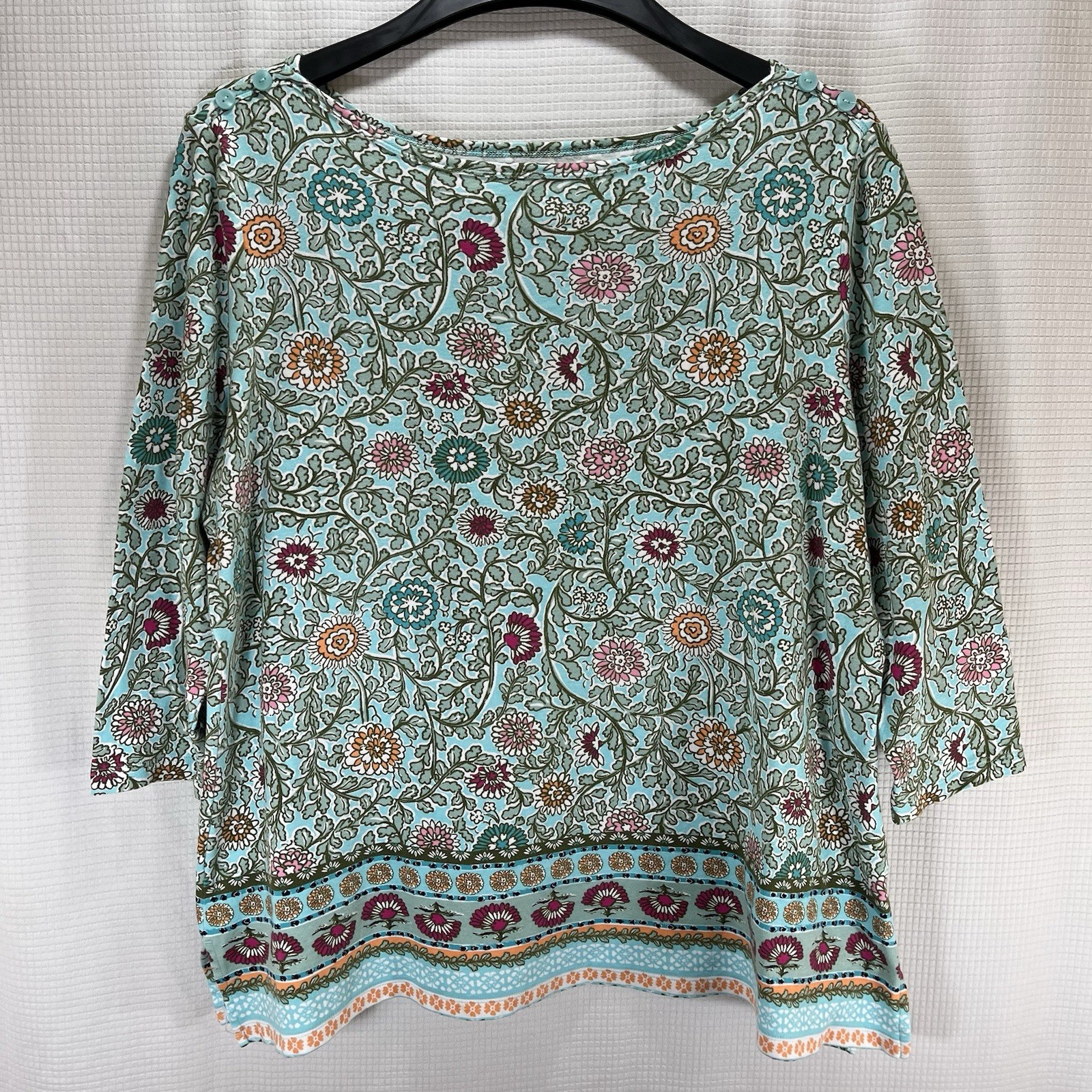 Kim Rogers Perfectly Soft XL Top Cotton Stretch Shirt Aqua Floral Boho Casual