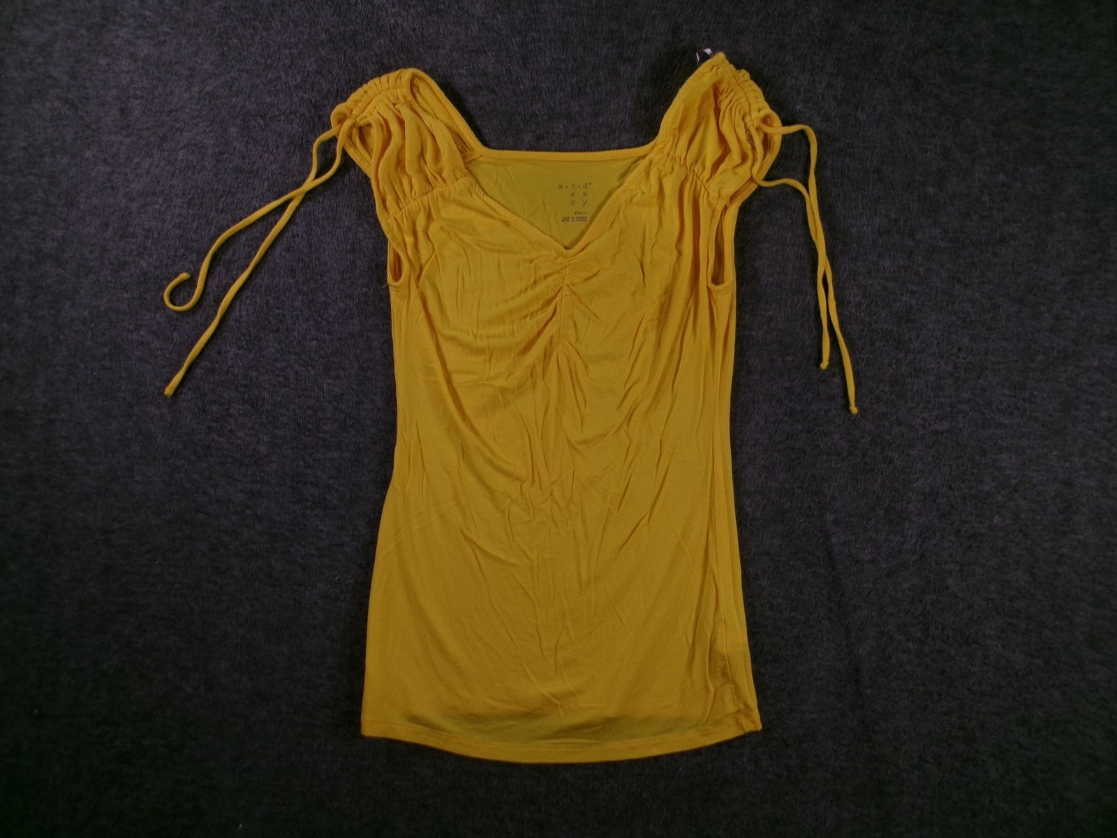 A New Day Womens Top Small Yellow Ruched Drawstring Shoulders Tie Slim Fit