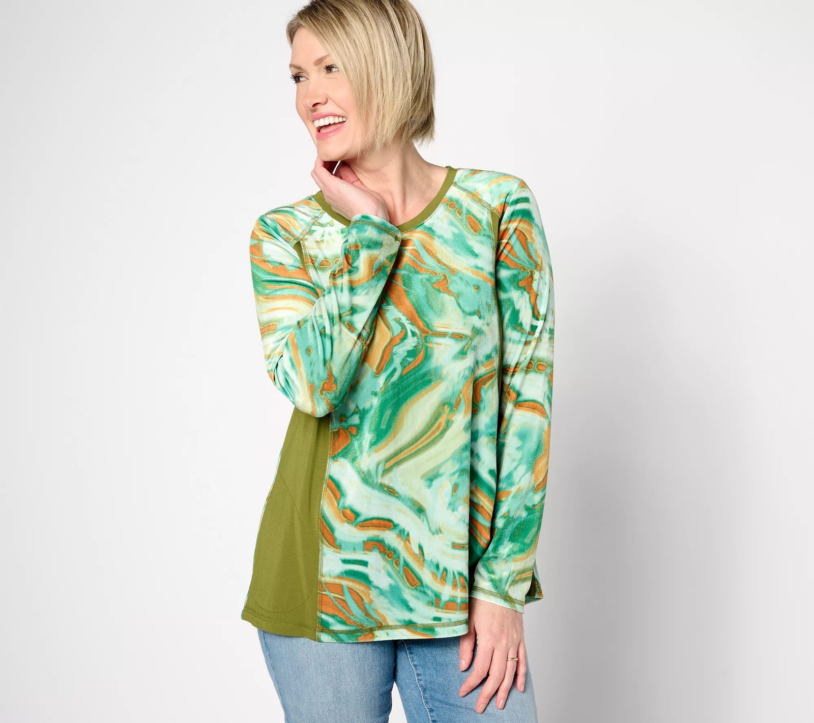 LOGO by Lori Goldstein Printed Velour Scoop Neck Pierced Top Teal Combo XL New