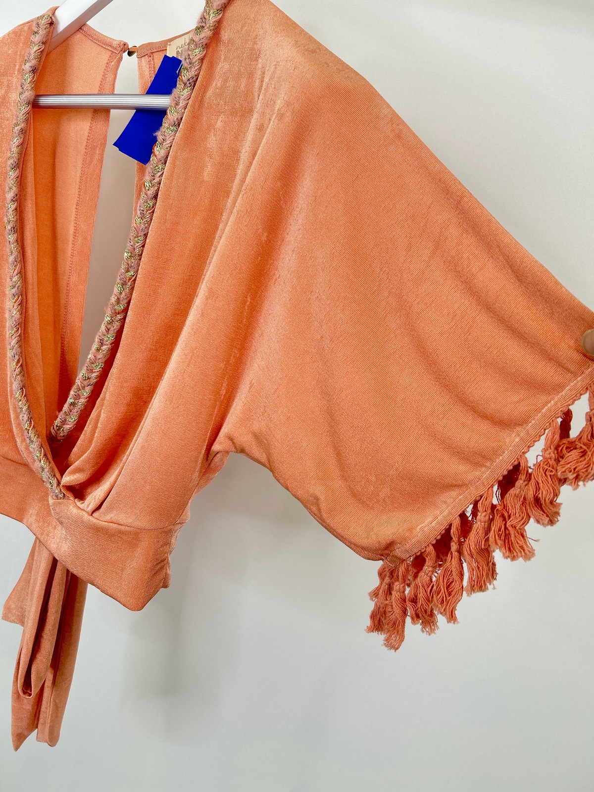 NEKANE NKN NWT Fringed Wrap Top Size XL Tassel Embroidery Boho Coral Women Top