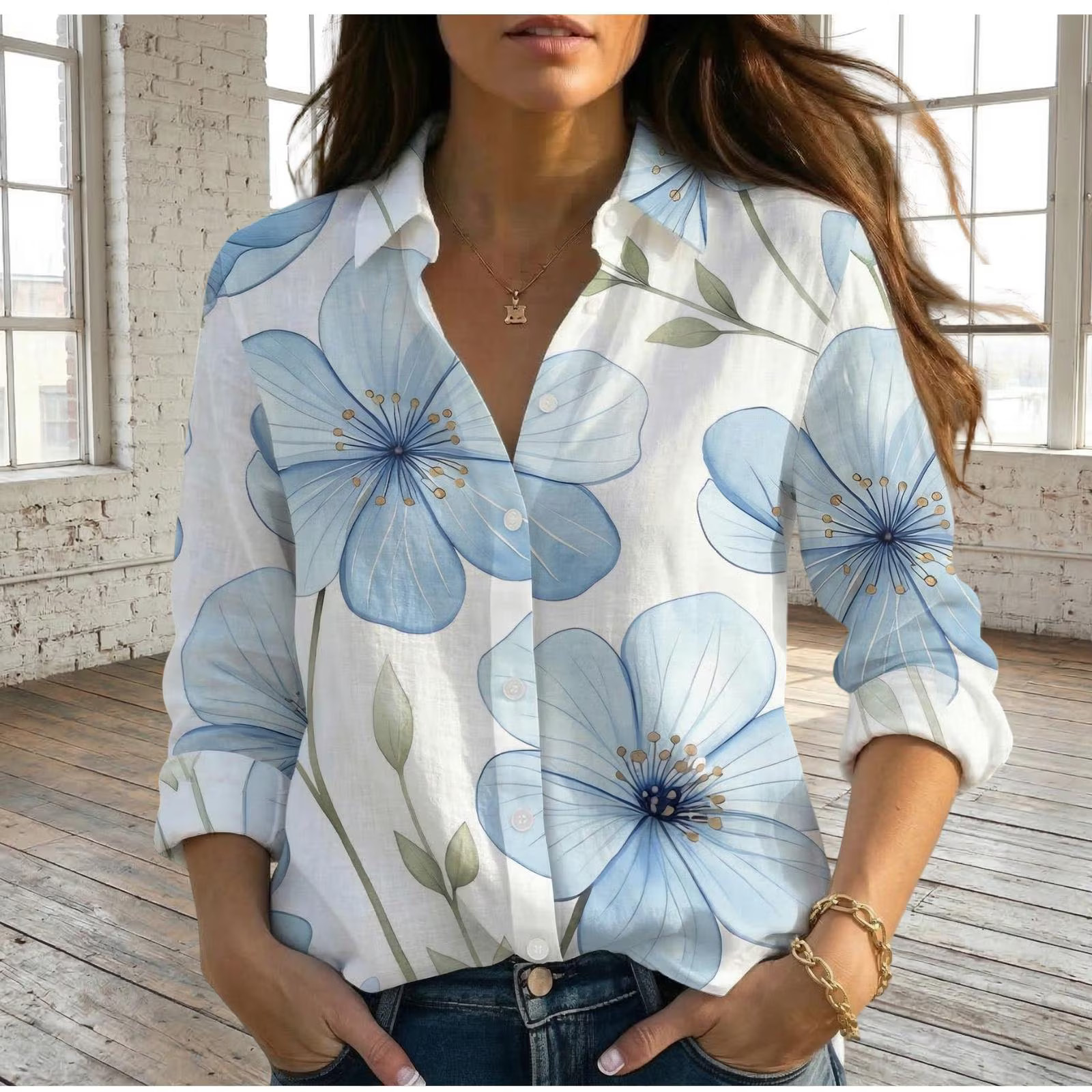 Bold Blue Floral Print Shirt Cottagecore Summer Beach Top Elegant Gift for Her