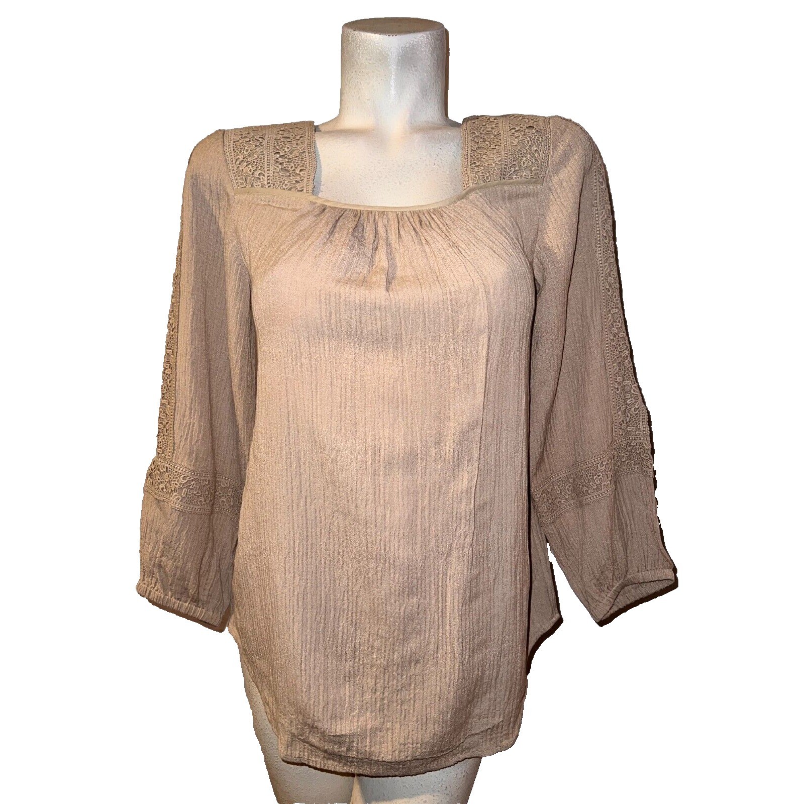 Soft Surroundings Top Size XS Taupe Beige Crochet Lace Gauze Boho Peasant Blouse