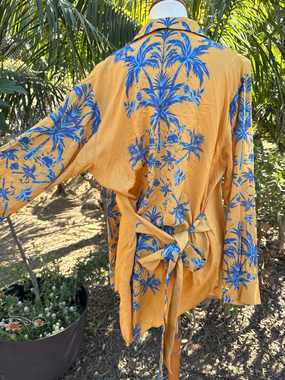 $198 NWT Aquari Yellow Blue Palm Tree Robe Wrap Dress Size S Boho Resort Wear