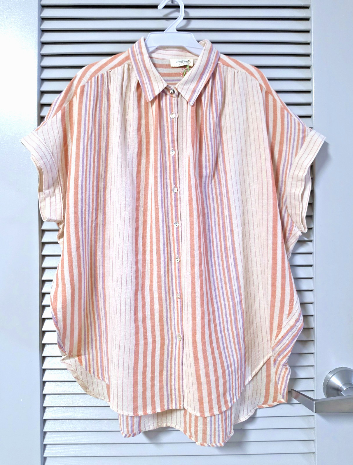 blush stripe bat wing pleat shirt top L