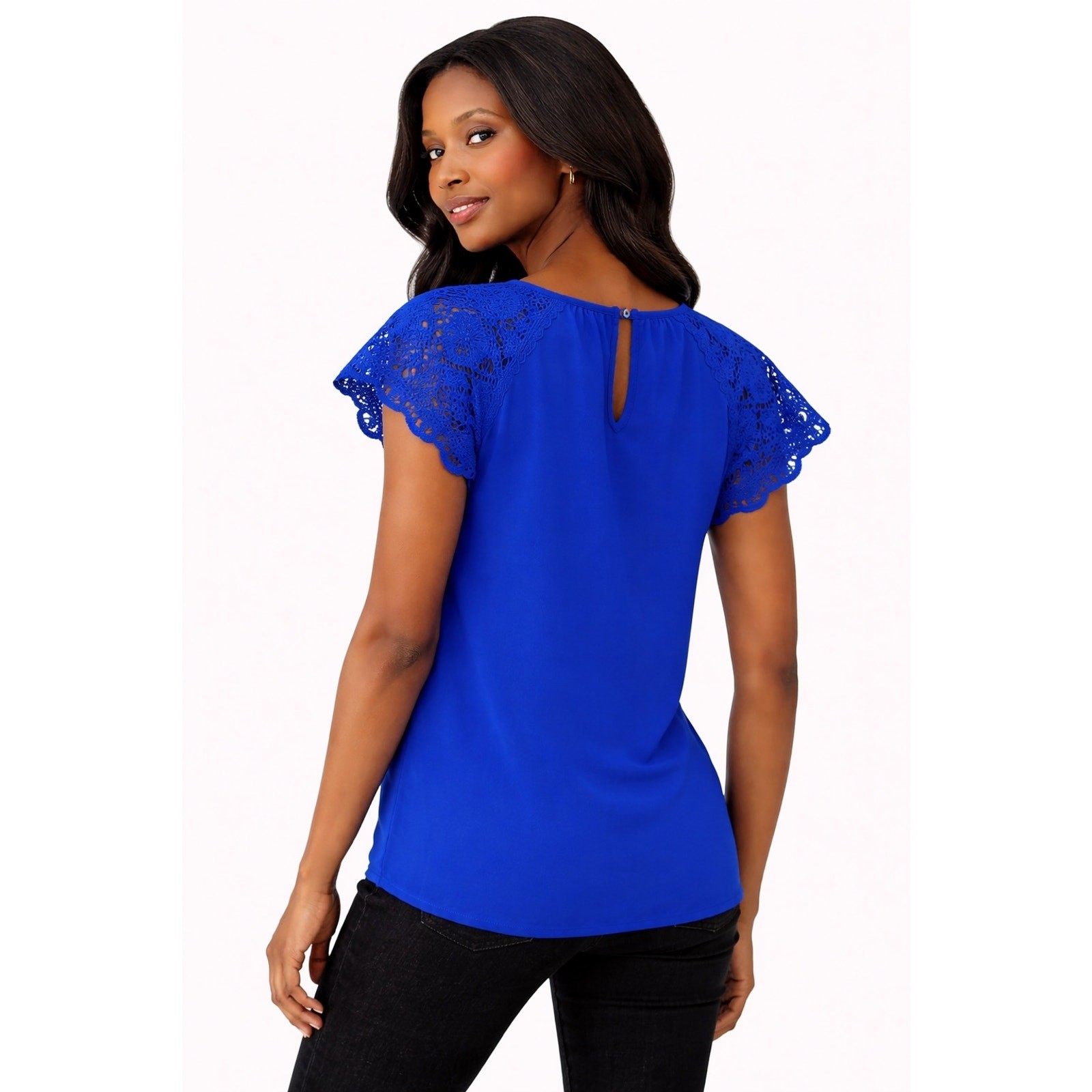 Cable & Gauge Lace Flutter Sleeve Blouse Women S Blue NWT