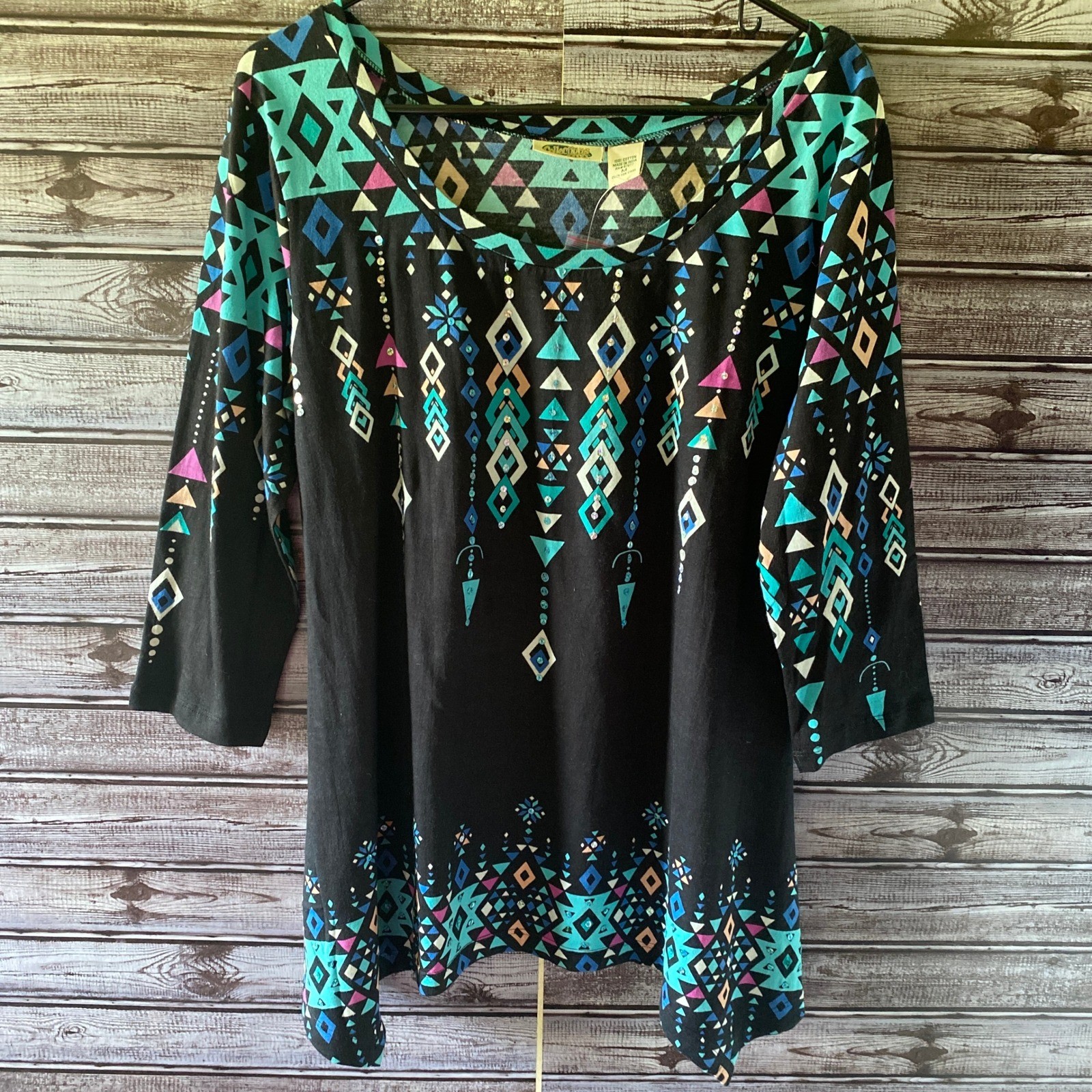 Collections Etc. Long-Sleeved Top Size M Black Geometric Sequins NWT