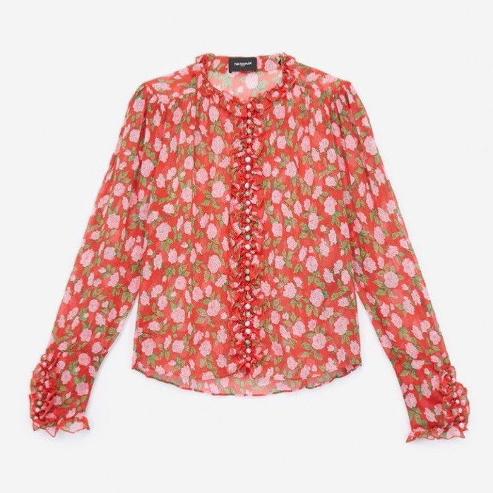 THE KOOPLES Floral Rose Button Down Sheer Victorian Blouse Sz 1 S Small Silky