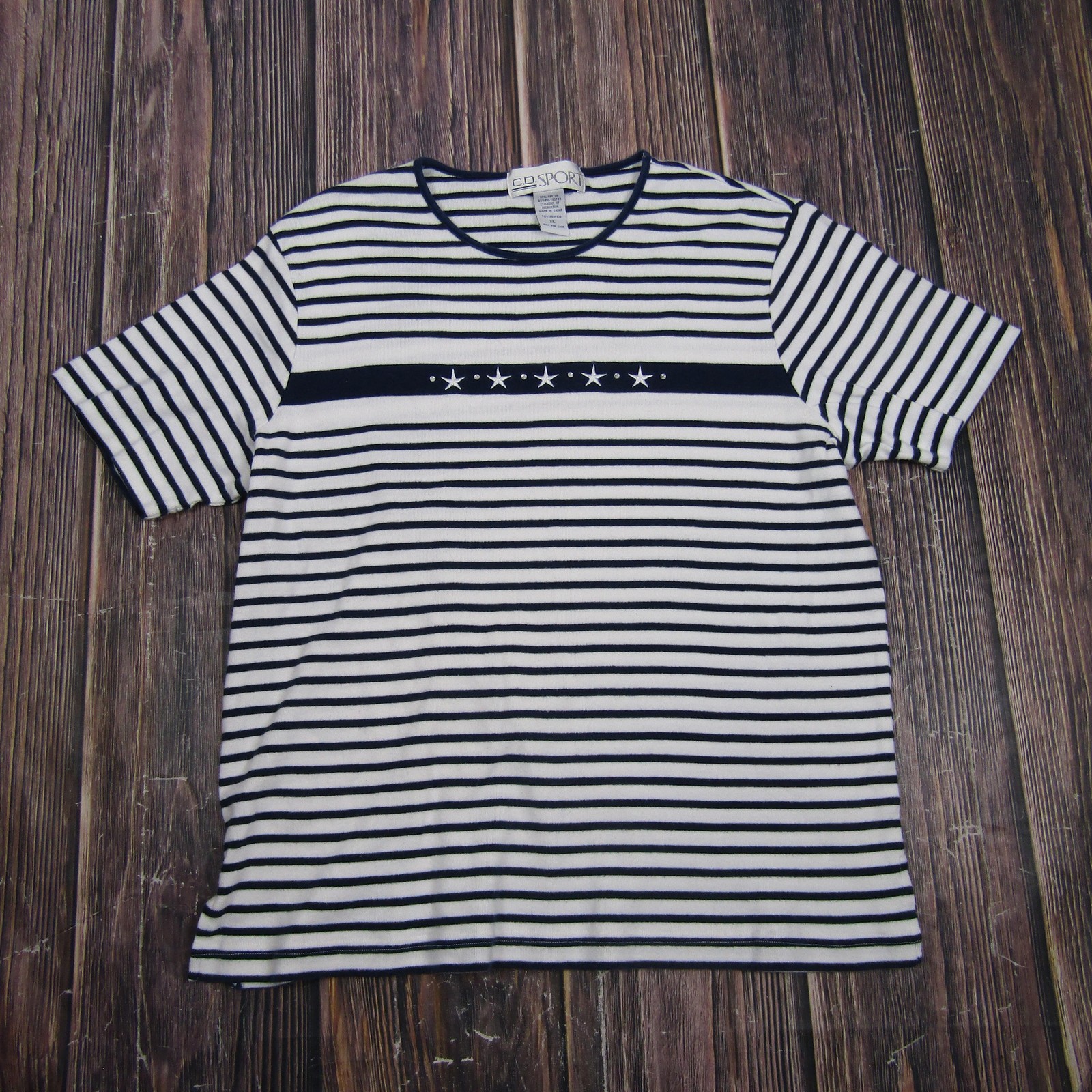 C.D. SPORT Womens XL White Navy Striped T Shirt Crew Neck Short Sleeve Stars