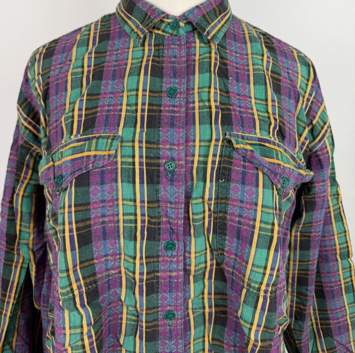 Vintage Plaid Shirt Womens XL Colorful Woven Cotton Button Up Bohemian Jacquard