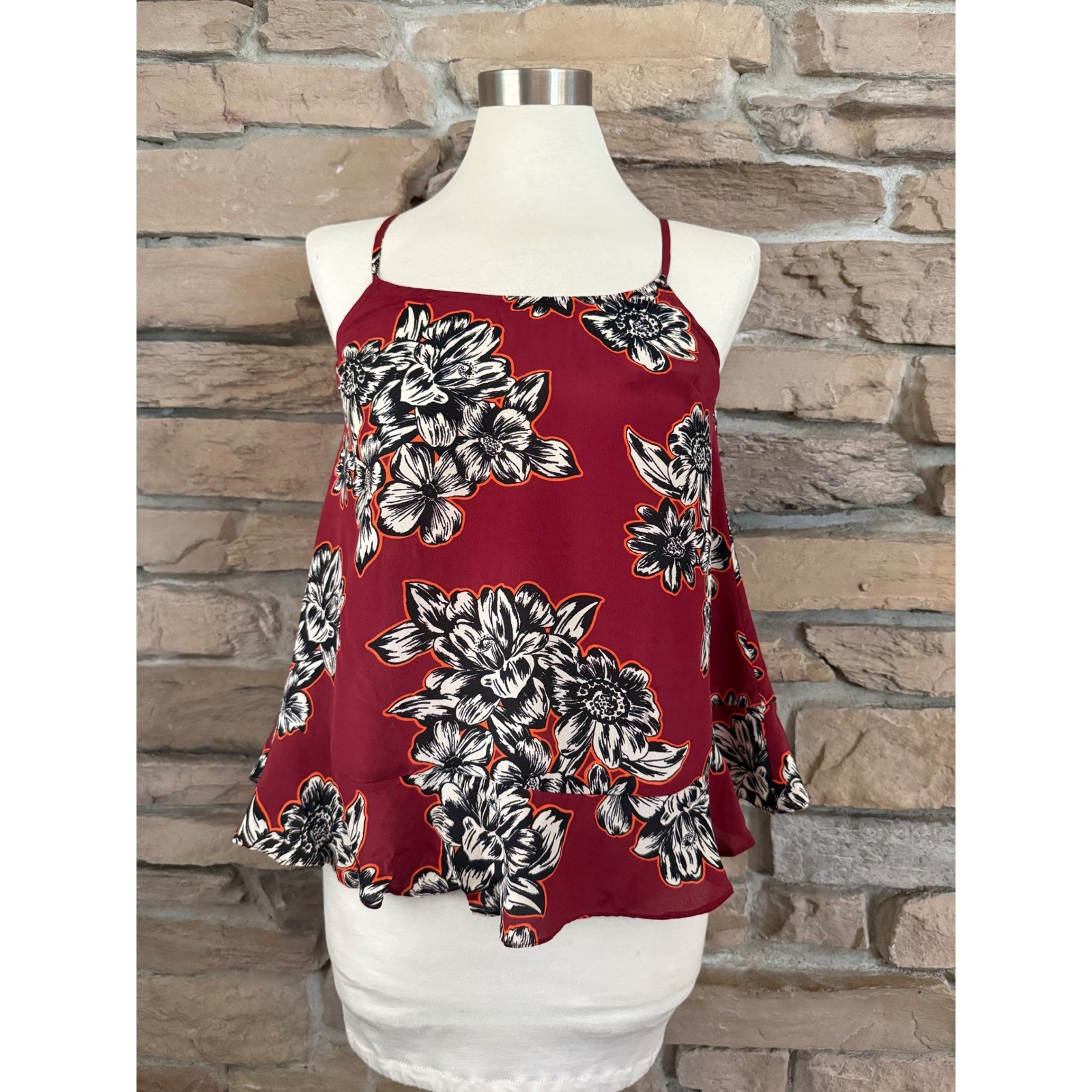 Maeve Anthropologie Zabella Womens Burgundy Floral 100% Silk Ruffle Cami Size 0