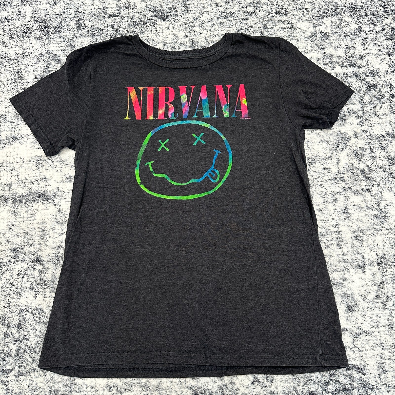 Nirvana Smiley Face Graphic T-shirt Womens Juniors Size XL Black tie Dye Band