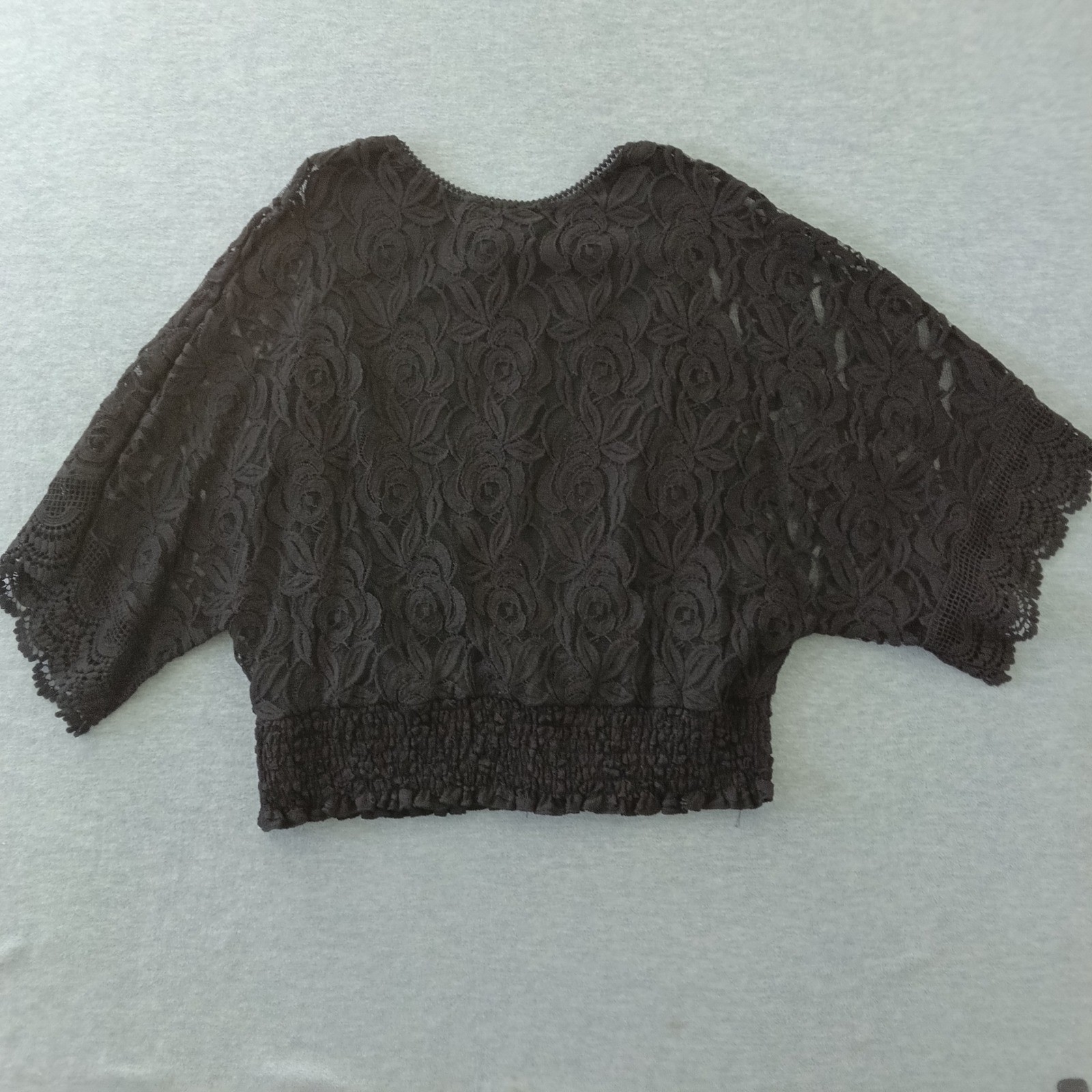 Investments II Womens 2X Black Floral Rose Lace Smocked Hem Dolman Top NWT