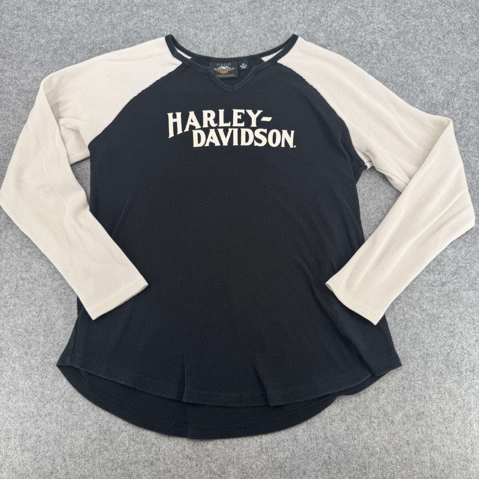 Harley-Davidson Womens 2W Waffle Knit Raglan Thermal Shirt Black Cream Notched V