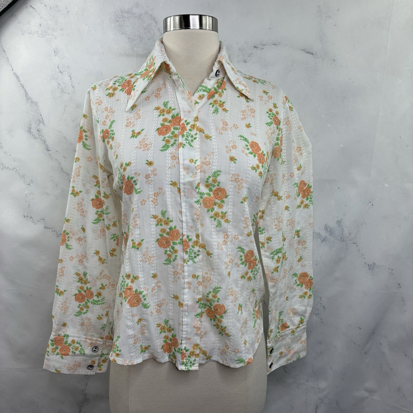 Vintage 70s Blouse MOD button up S retro Flower Power Kitschy Shirt Hong Kong