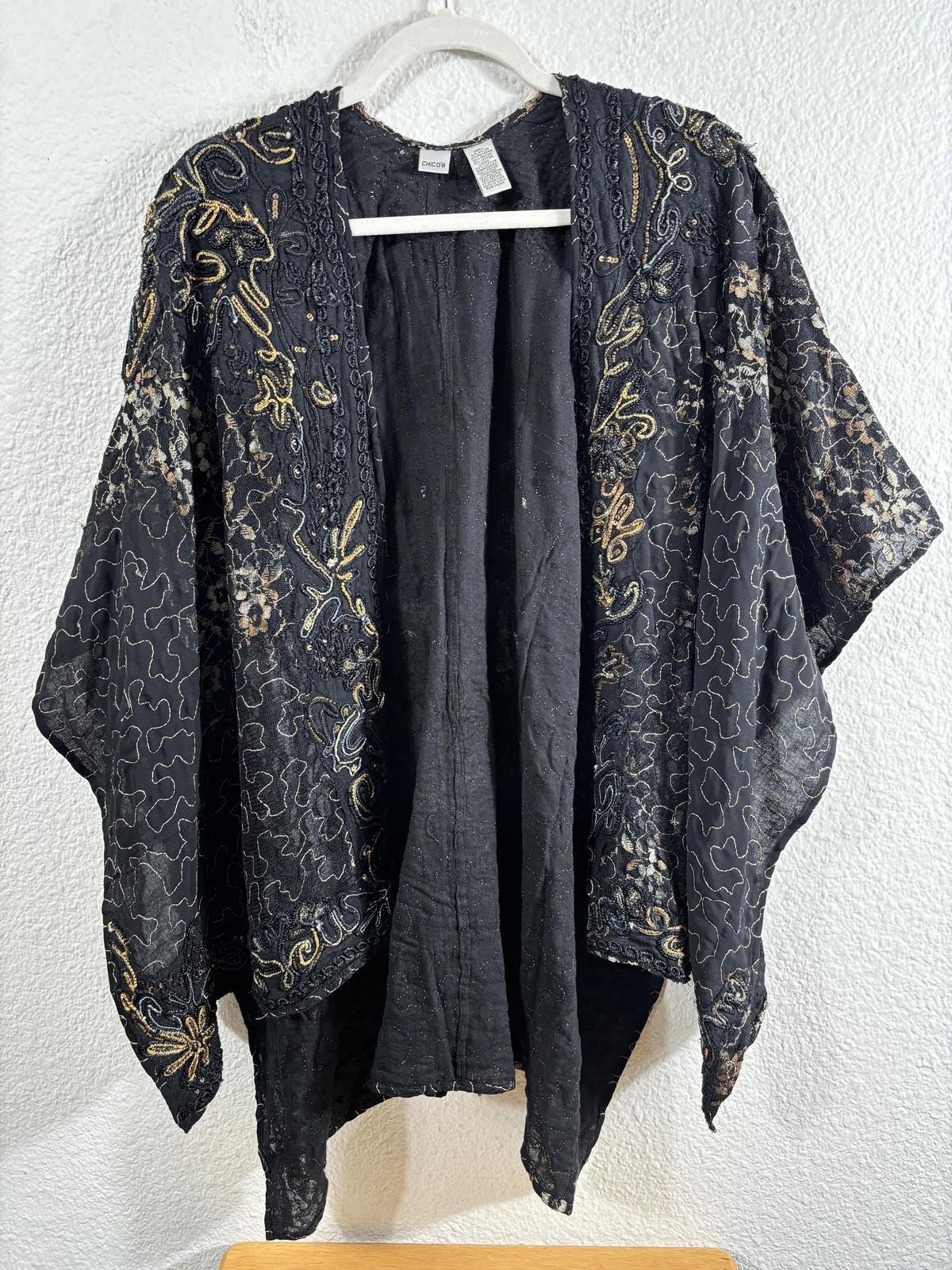 Chico’s Kimono Blouse Womens One Size Black Beaded Lace Sequin Boho Embroidered