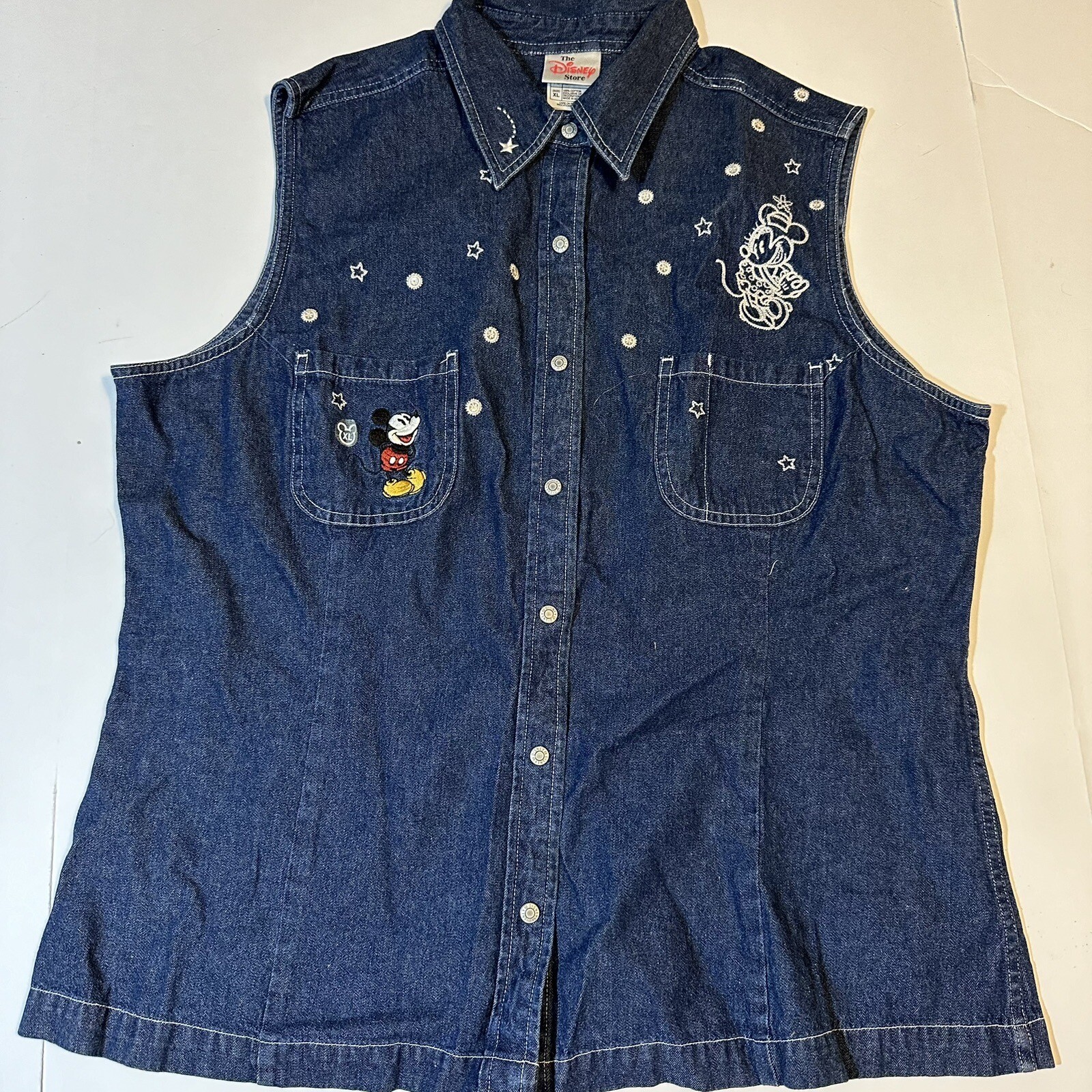 Vtg 90s Disney Store Denim Shirt Sleeveless Mickey Minnie Embroidered Sz XL NOS