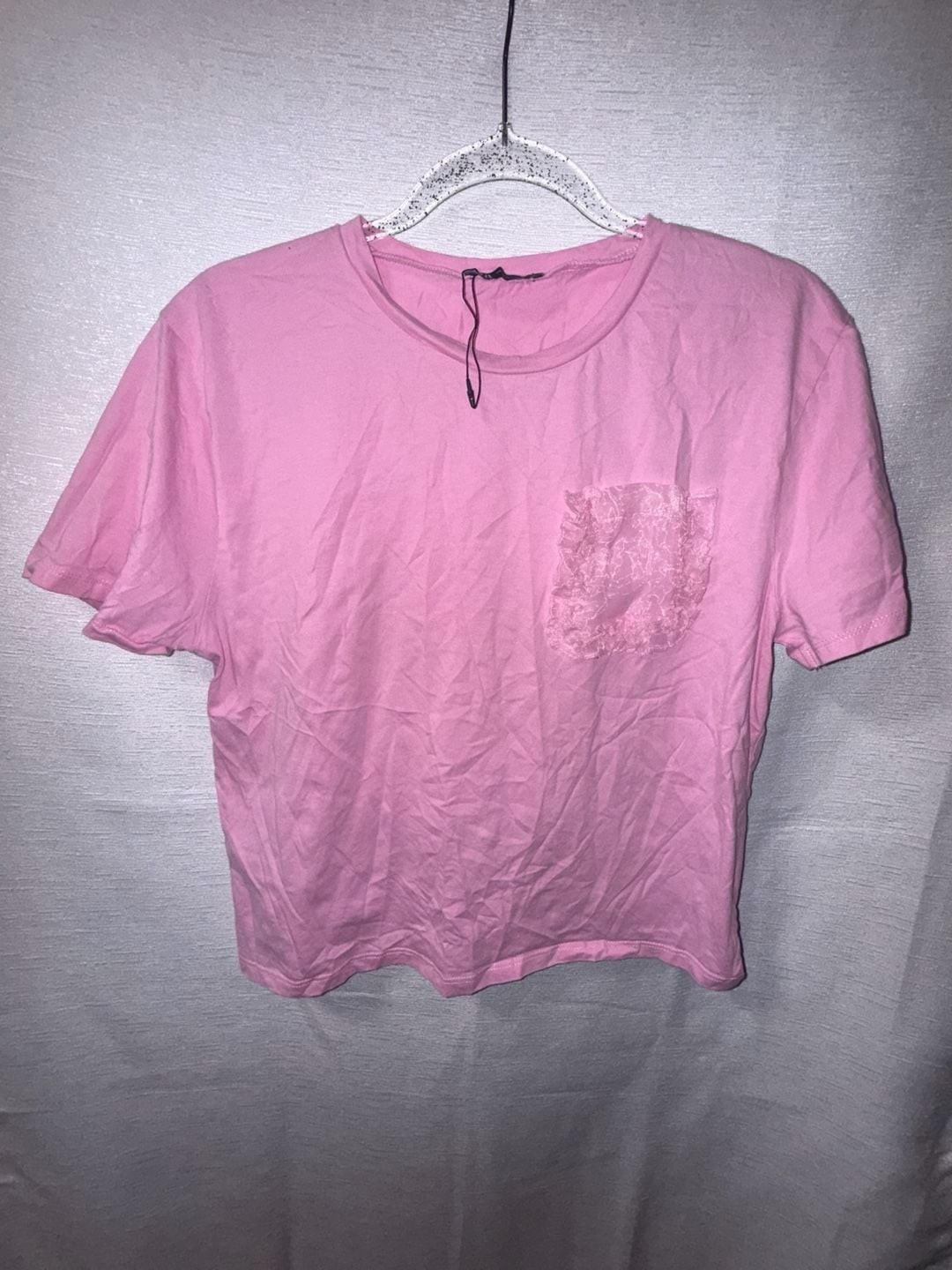 Zara Pink Crew Neck T-Shirt with Lace Pocket
