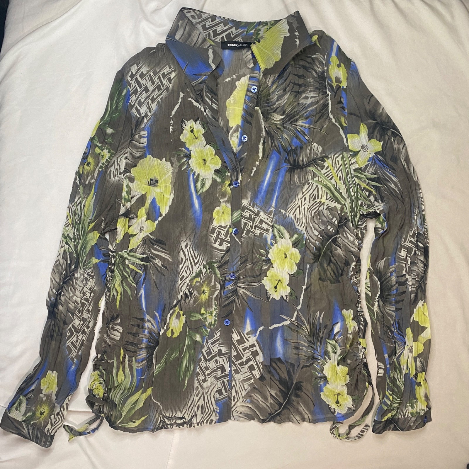 Frank Walder Tropical Boho Top Womens Size 12 Green Gray Crinkle Crepe Sheer