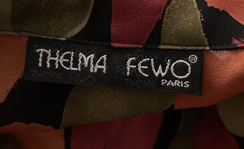 Thelma Fewo Paris Crepe Silk Semi-Sheer Blouson Shirt T-2 (S) Abstract MOD EUC