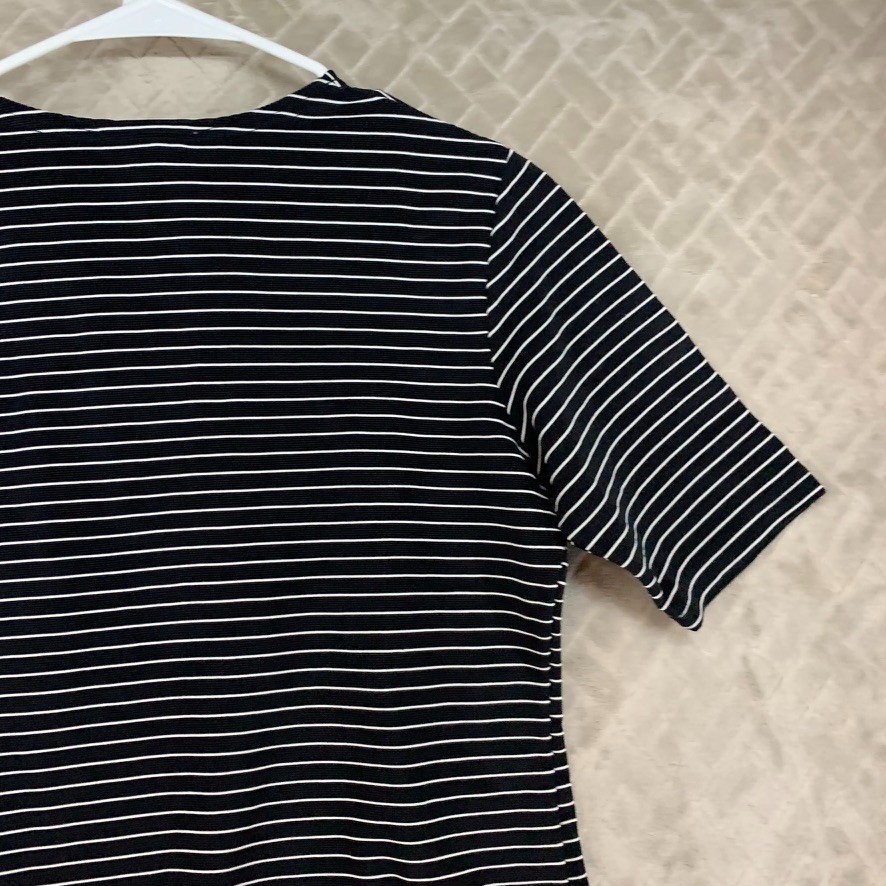 Basic Necessities Shirt Womens M Black Striped Short Sleeve Nylon Blend