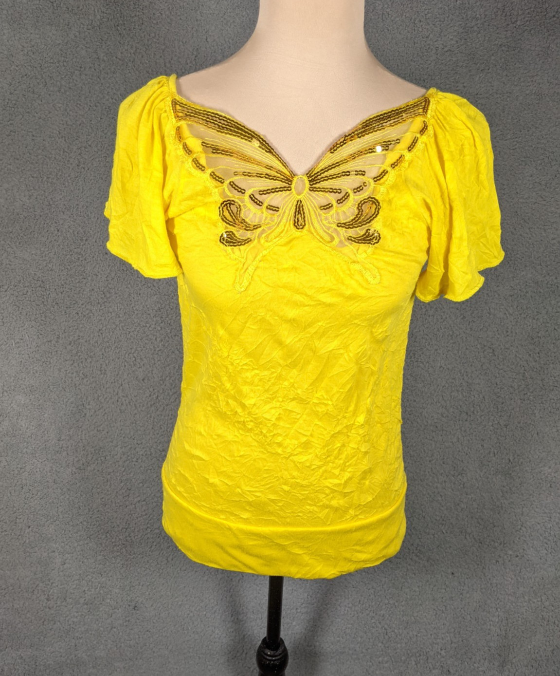 VTG Y2K Bobbie Brooks Blouse Womens XS Yellow V-Neck Sequin Butterfly Fairycore