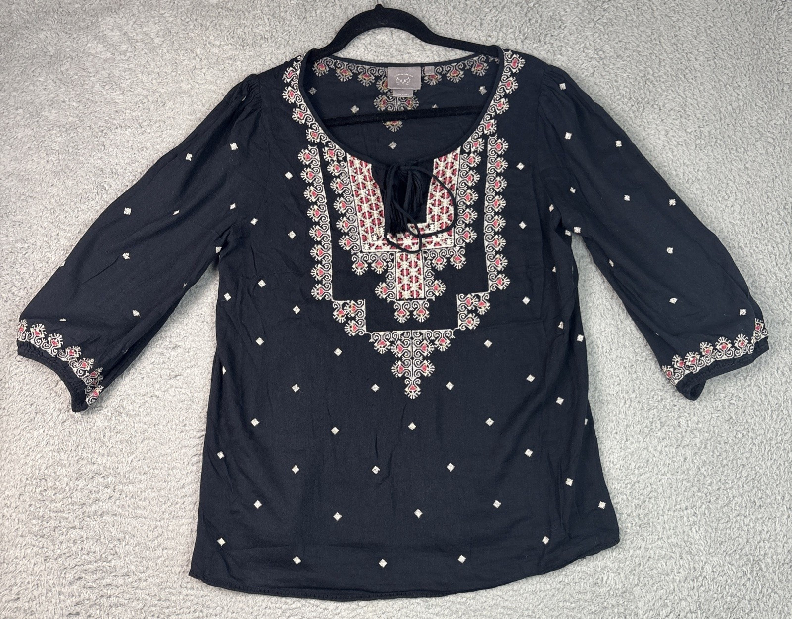 Anthropologie Stitched Medallions Peasant Top by Vanessa Virginia Medium Black