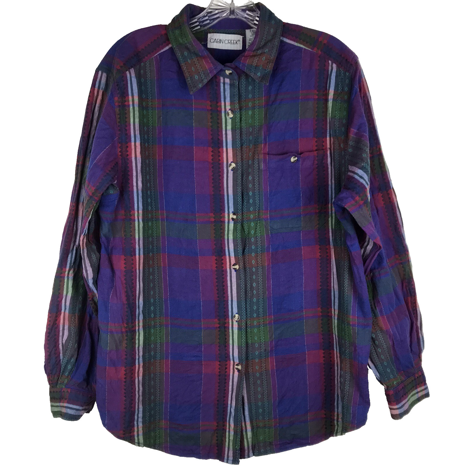 Cabin Creek Plaid Button Up Purple Blue Green Red Colorful 80s 90s Womens Large
