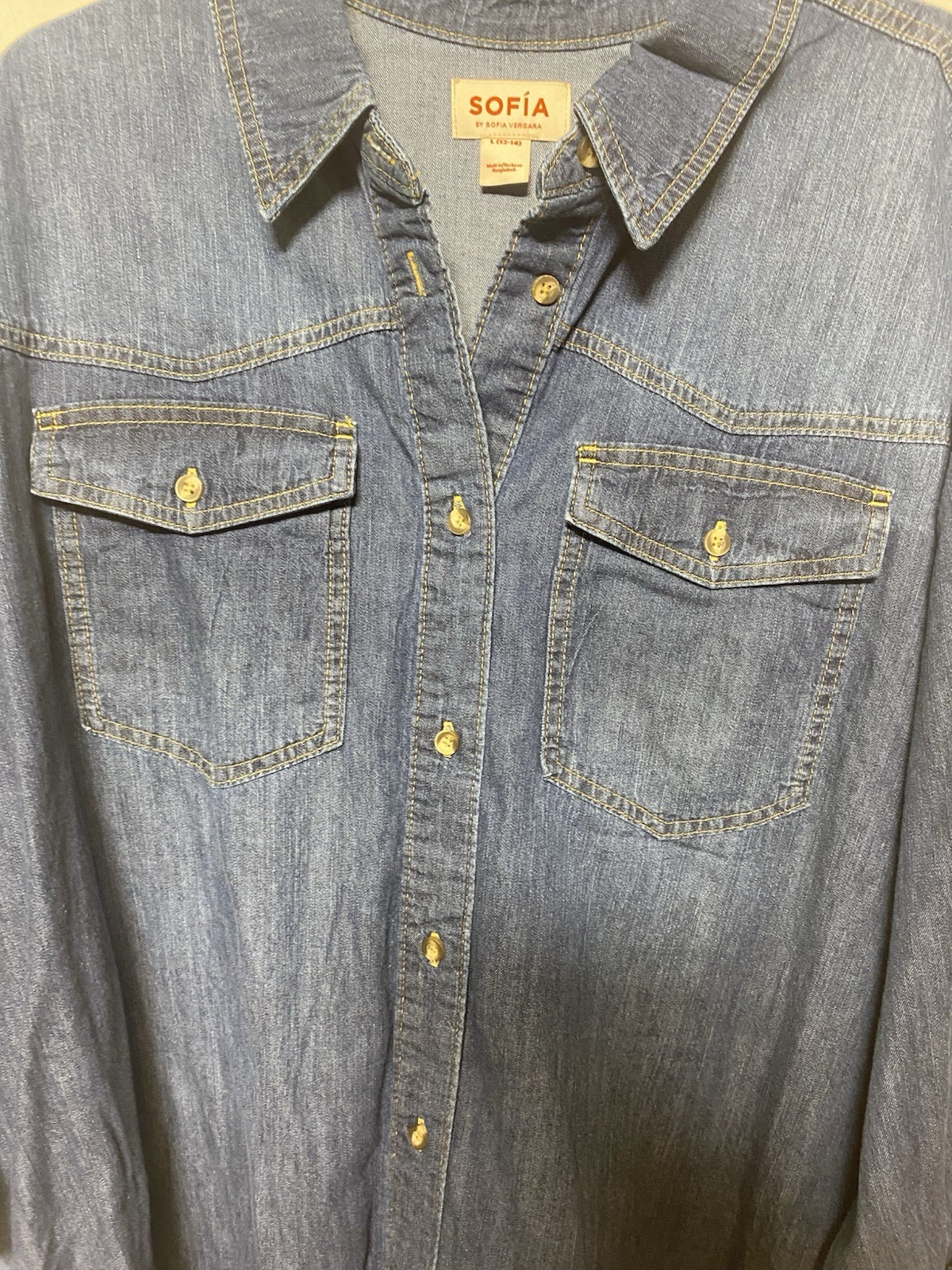 SOFIA by Sofia Vergara Blue Denim Button-Up Shirt Collared Pockets L Cotton