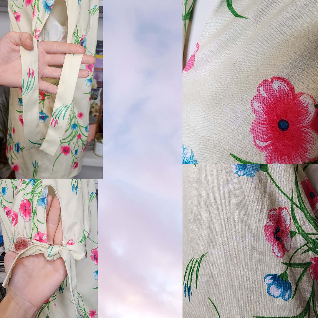 Vtg 60s Mod Retro Colorful Floral Flower Collared Pink Blue Tie Short Sleeve Top