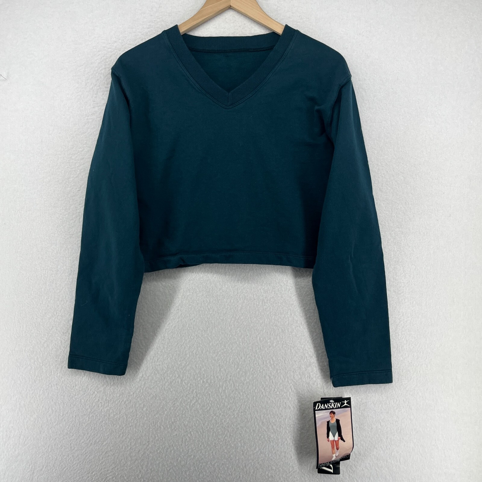 DANSKIN Top S/M Nadia Comaneci Cropped Fleece V-Neck Boxy Cotton Pine Green NEW