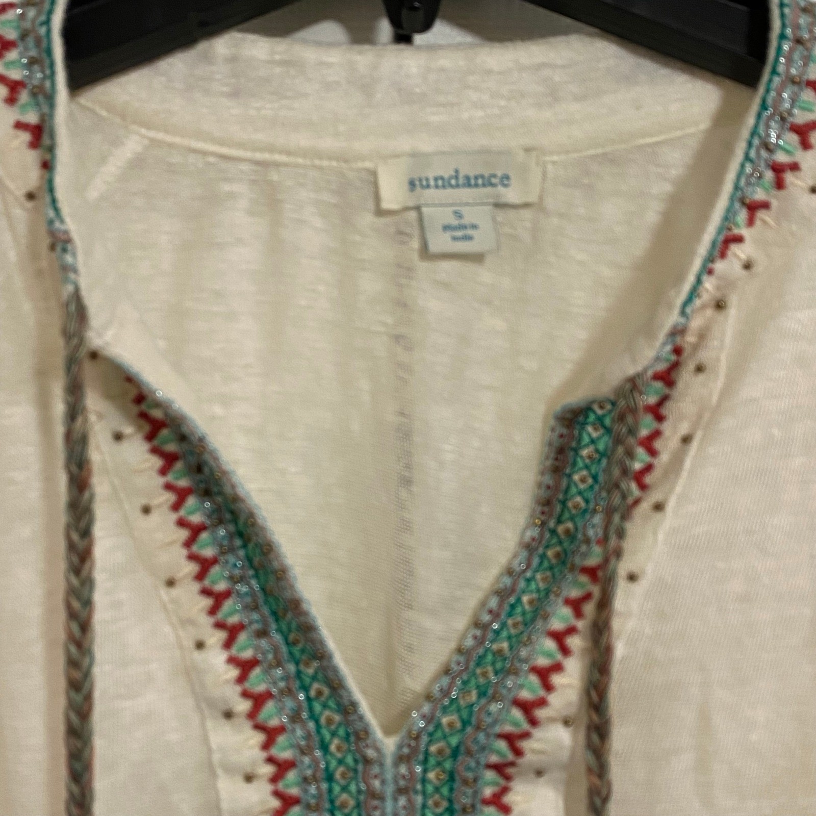 Sundance Embroidered Blouse Womens S Cream Coastal Boho Linen Tassel Top