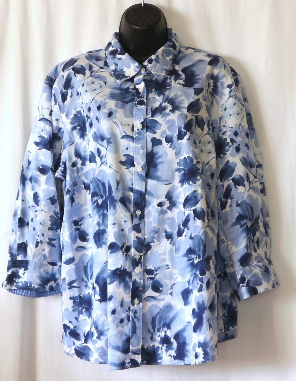 CHAPS Blue Floral Print No Iron Blse 3/4 Slvs 50 In Chst 28 In Lng Sz 2X EXC