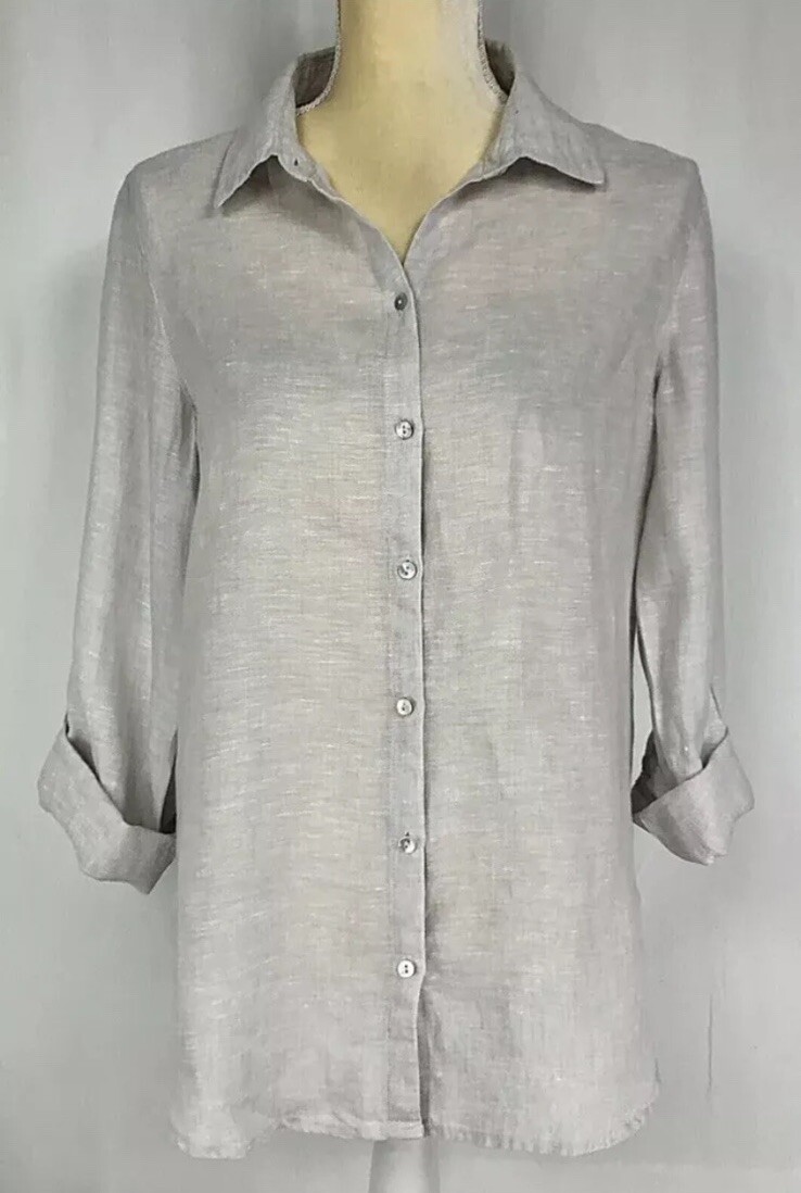Sigrid Olsen Women Tunic Blouse Shirt Top Medium Linen Button Down Roll Tab Gray