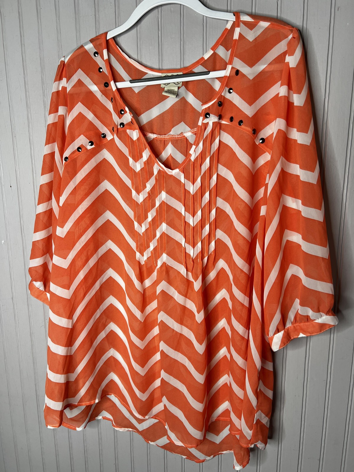 Eyelash Couture Blouse Womens 2X Orange White Chevron Studded Boho Top Sheer