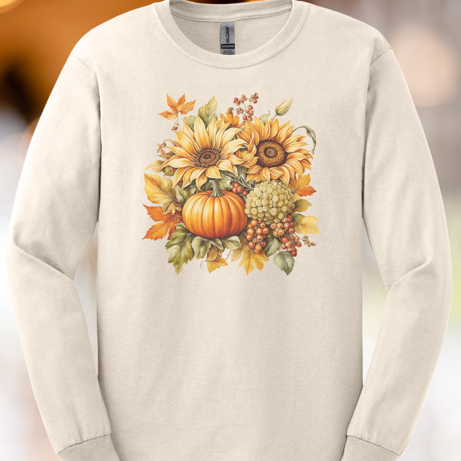 Sunflower Pumpkin Grapes Fall Shirt Cream Autumn Floral Long Sleeve Tee