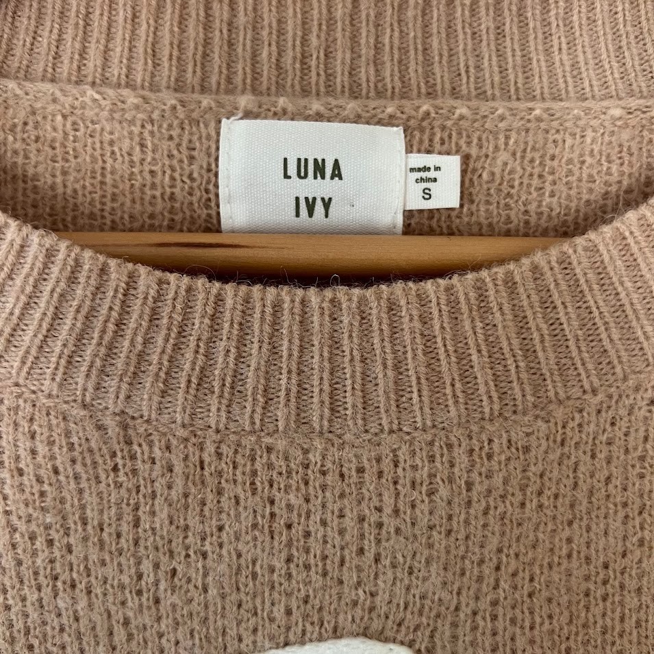 Luna Ivy Tan Knit Bow Sweater Embroidered Bows Crewneck, Size S