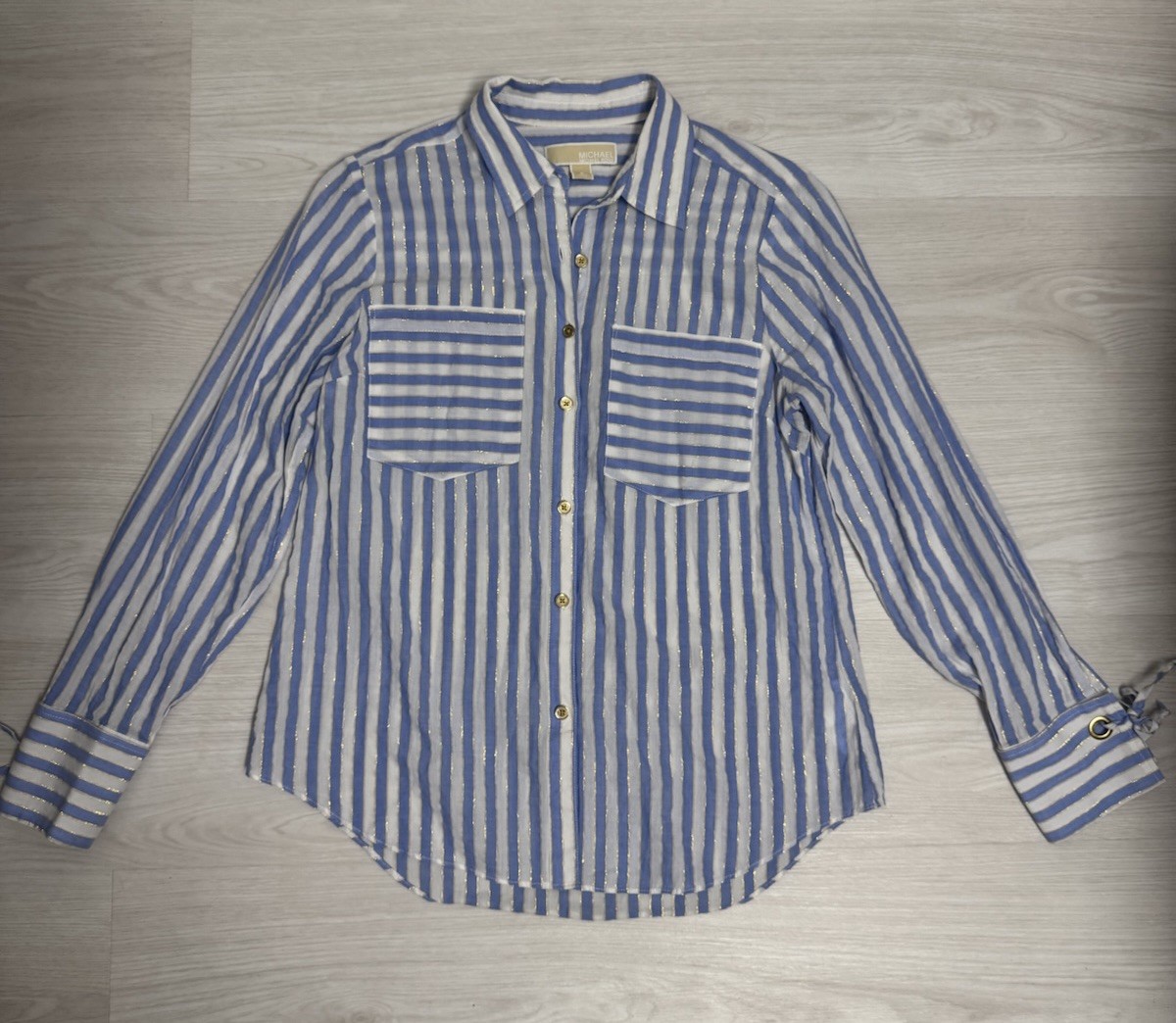 Michael Kors Blue & White Striped Gold Style Long Sleeve Button Up Women’s S