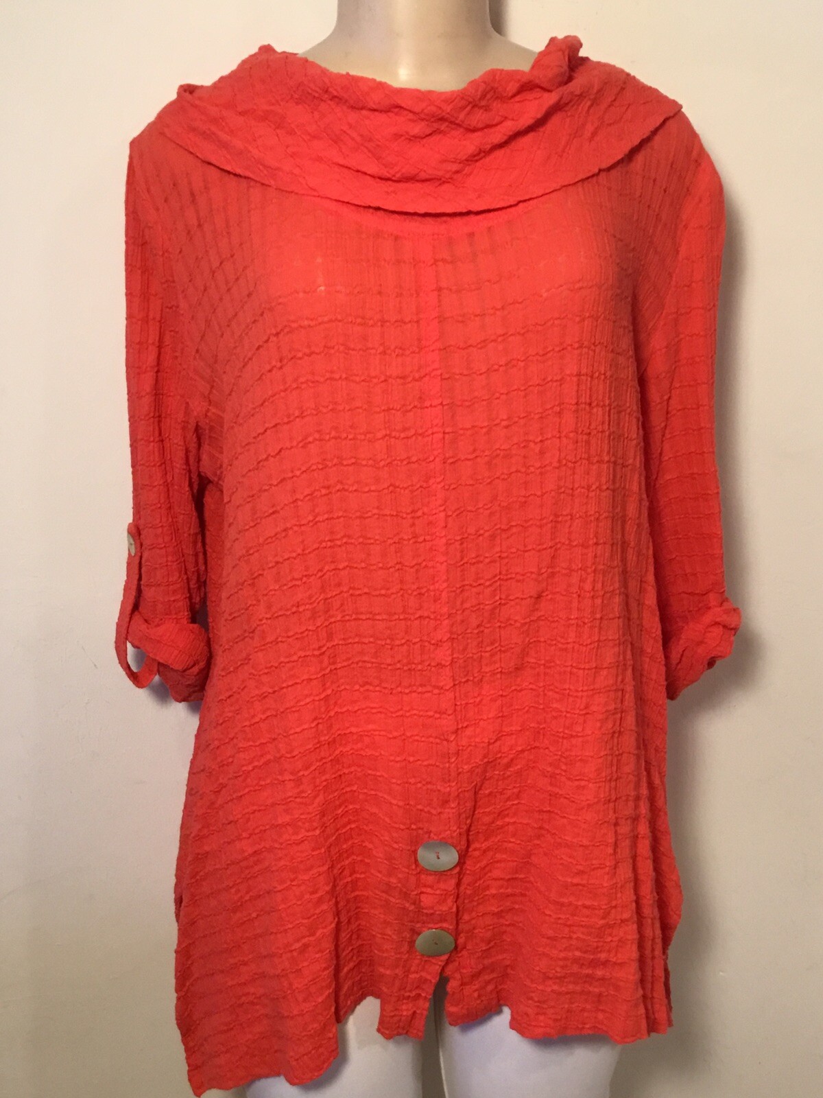Soft Surroundings Bright Scarlet Red Cowl Neck Crinkle Gauze Tunic VGUC