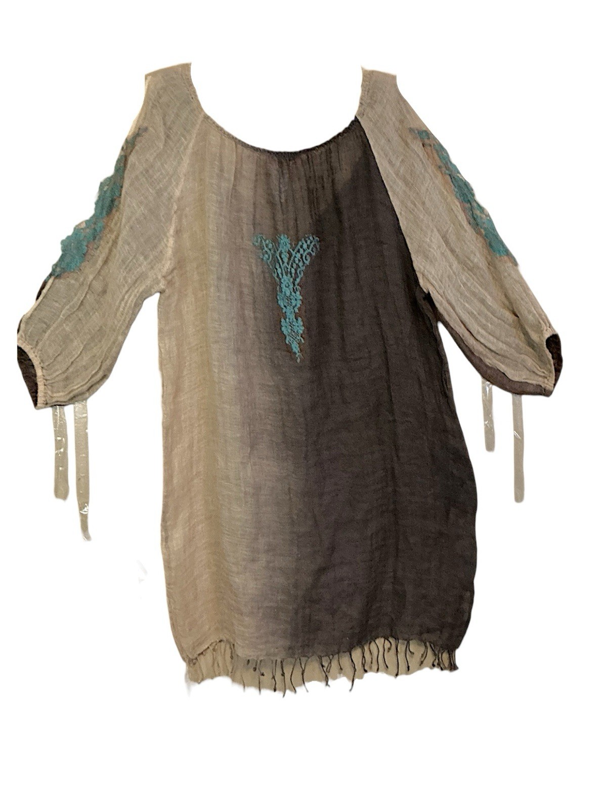 Vanita Rosa Paris Boho Gauze Tunic Fringe Embroidered Cold Shoulder Top L