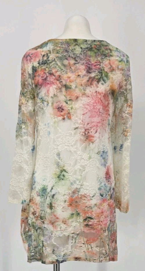 VTG CAL STYLE Floral Tunic Lace Overlay Multicolored Blouse Top Sz M Boho Fairy