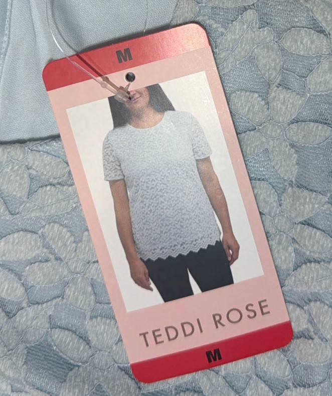 Teddi Rose Light Blue Lace Overlay Blouse Size Medium Button Keyhole Closure NWT