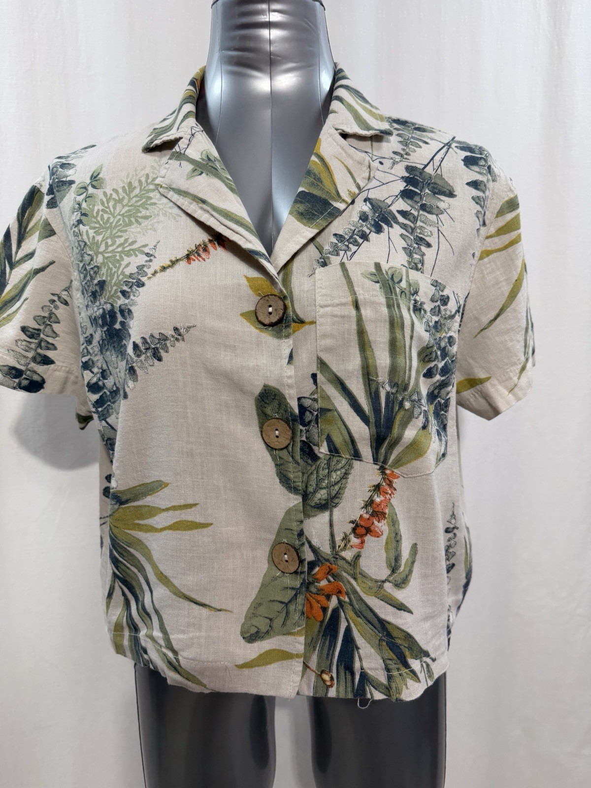 Linen Cotton Tropical Leaf Camp Collar Button Short Sleeve Boxy Crop Shirt 1772