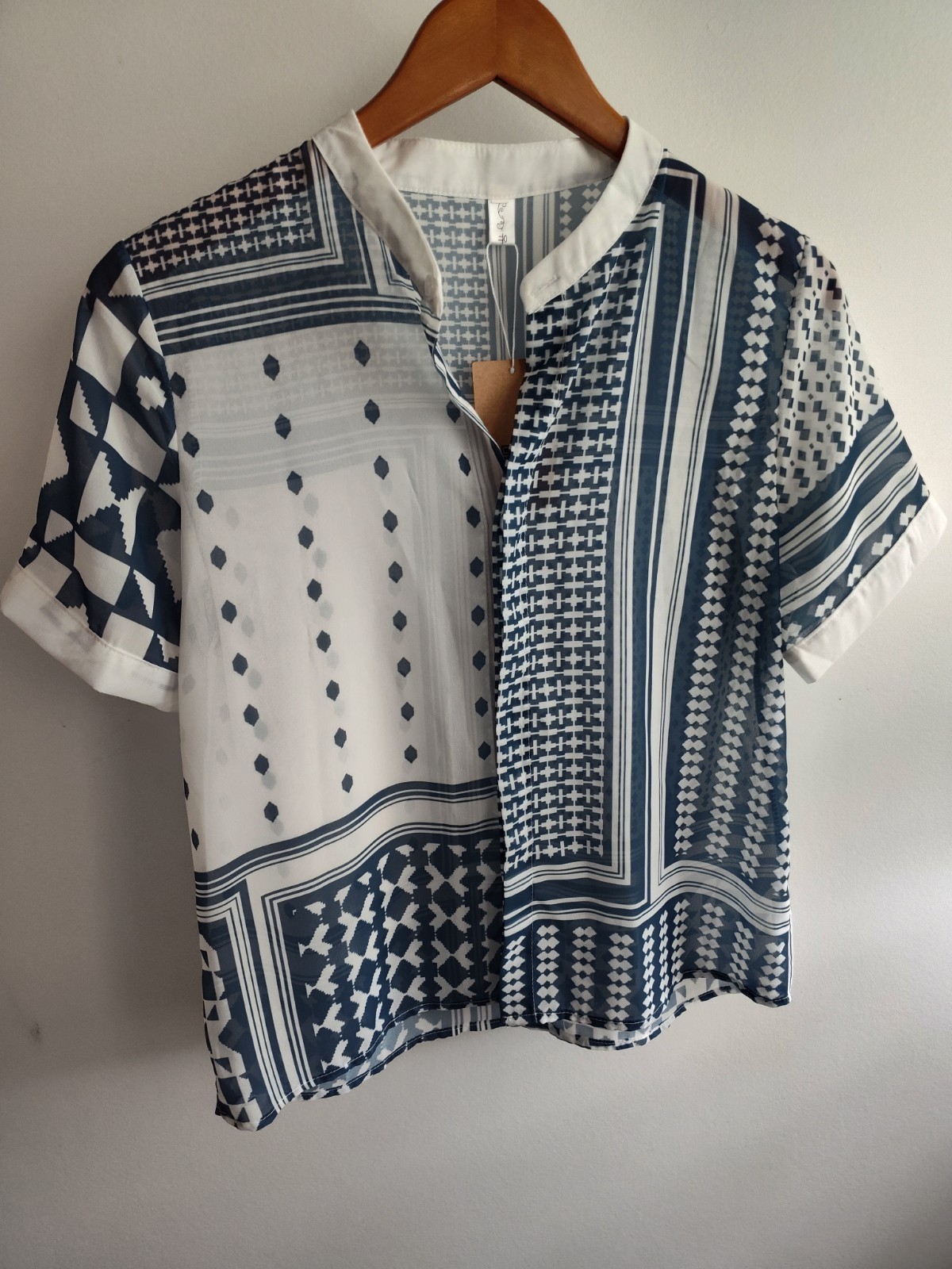 SooLinen Blue Geometric Top Womens Size L Boho Bohemian Casual Hippie Retro NWT