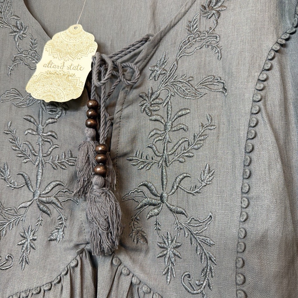 Altar’d State Gray Embroidered Boho Bell Sleeve Blouse M NWT