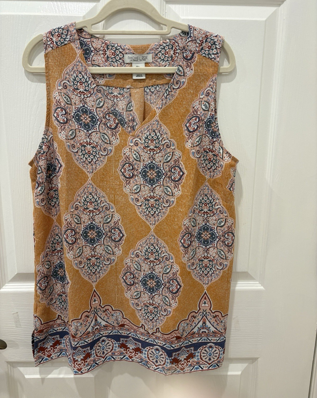 Rachel Zoe Women’s L Orange/Blue/White Paisley V-Neck Sleeveless Blouse